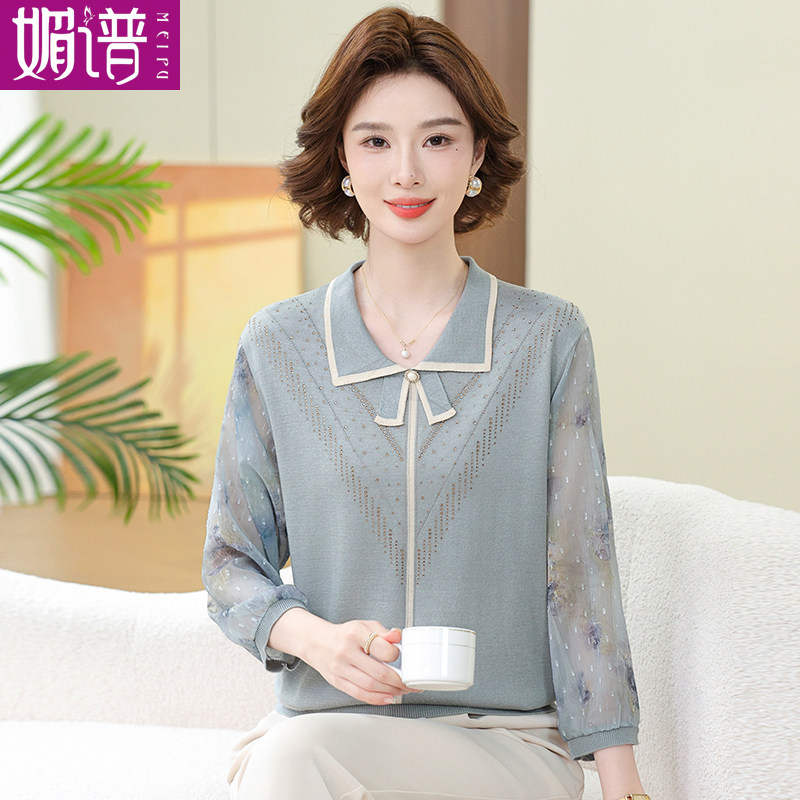 中年妈妈春装时尚翻领针织上衣服洋气中老年女士春夏T恤冰丝小衫