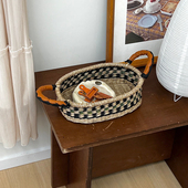 越南海草手工编织篮ins风装 饰买菜野餐杂物收纳皮制手柄东南亚