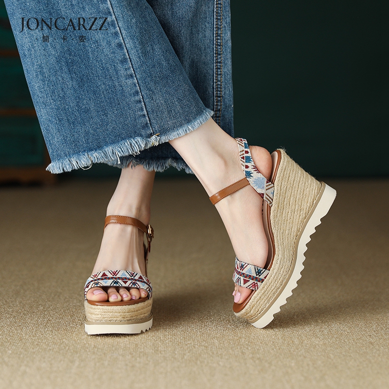 JONCARZZ草编坡跟凉鞋女2025夏季新款波西米亚复古风厚底凉鞋E724