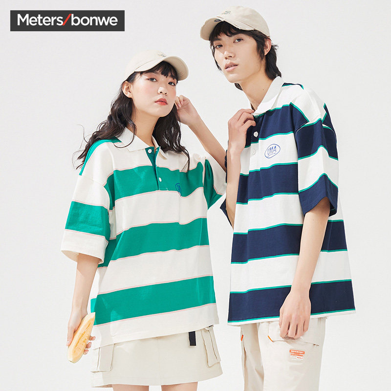 [吴磊同款]美特斯邦威情侣装polo衫男2020新款夏季条纹恤女712152