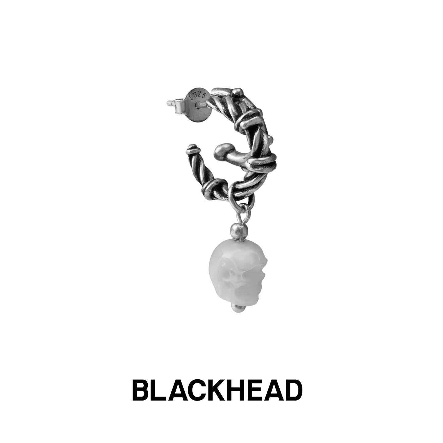 BLACKHEAD/黑头S925银珍珠骷髅朋克耳坠单只个性原创设计万圣节