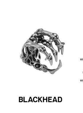 BLACKHEAD/黑头S925银骷髅手戒指原创设计夸张造型个性多层万圣节