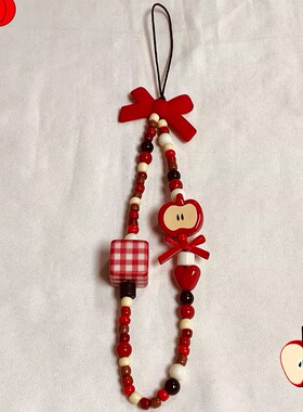 半个平果红色蝴蝶结链挂绳串珠可爱ccd相机钥匙扣挂件挂饰ins