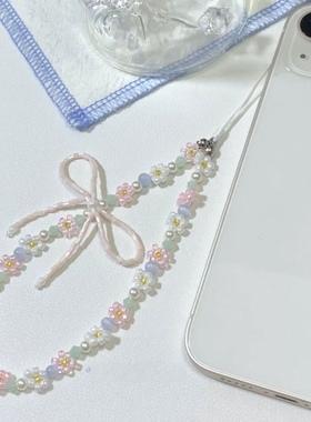 自制夏日ins小众粉蓝色系蝴蝶结串珠链少女ccd相机挂件甜美