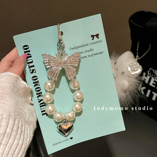 ins韩式高级感闪钻蝴蝶重工珍珠链适用苹果壳通用挂链条