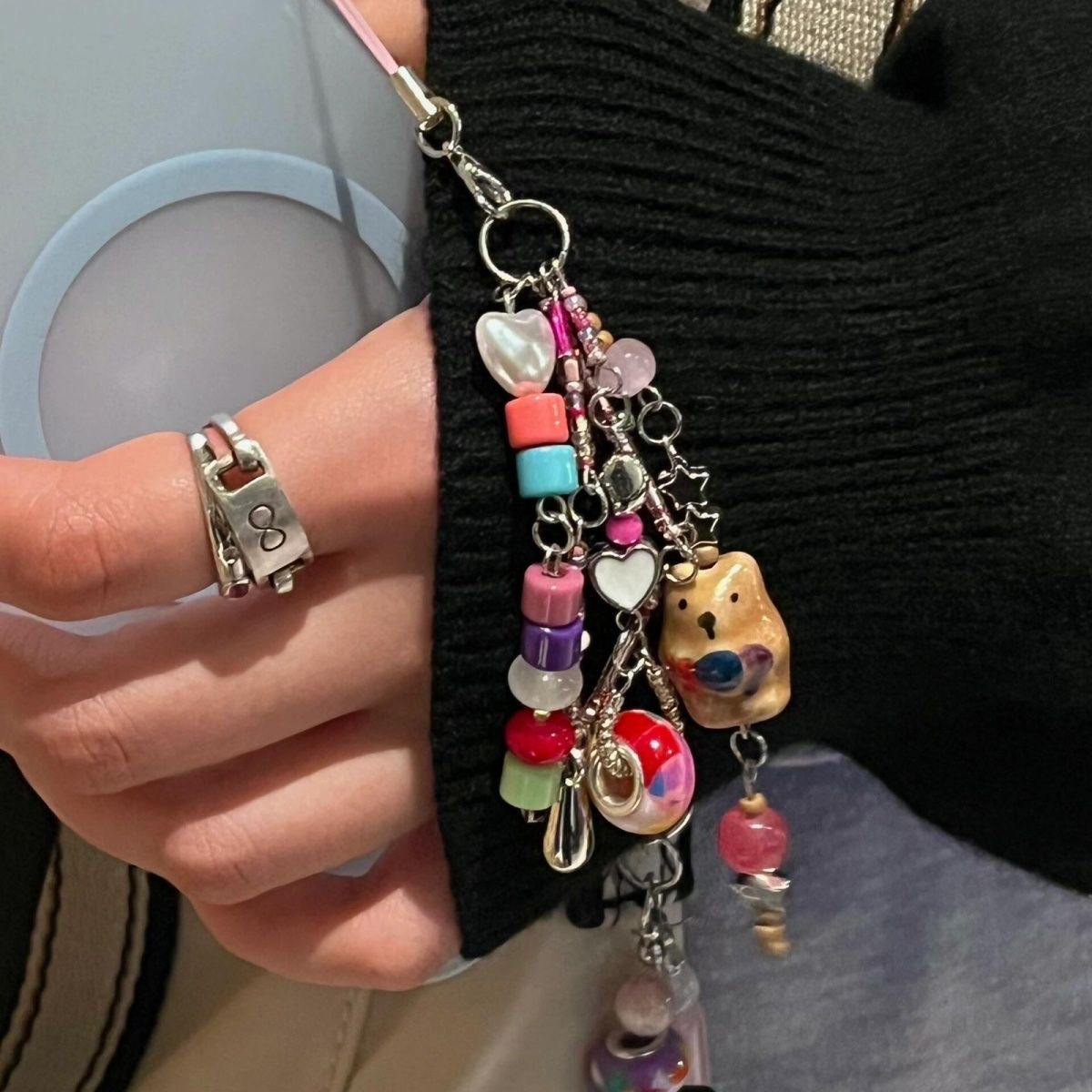 耍球小熊彩色米珠手机壳挂绳ccd相机挂件咕本卡册装饰品多巴胺