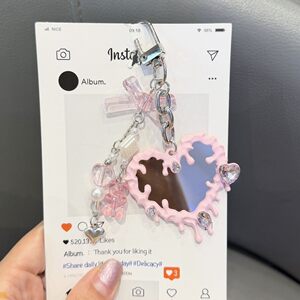 补妆爱心奶酪镜子流苏链条挂绳挂饰手机壳汽车钥匙扣包包装饰挂件