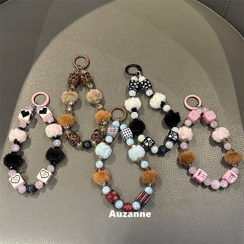 秋冬格纹蝴蝶结串珠挂炼适用于车钥匙书包耳机壳挂饰品