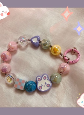 可爱兔子串珠手链条适用苹果手机便携手腕带华为小米挂链挂绳链条