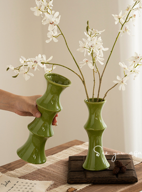 中式复古绿色陶瓷花瓶创意竹子轻奢高级感客厅高颜值插花装饰摆件