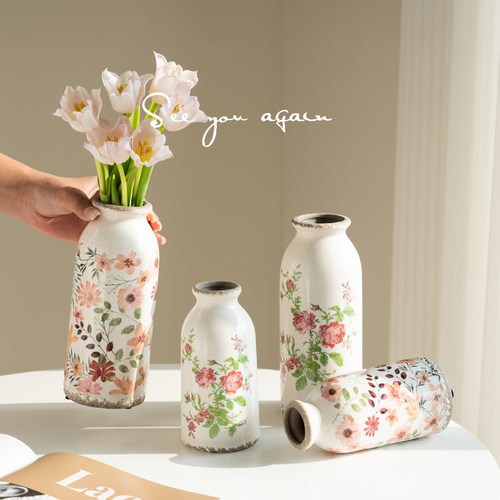 复古田园陶瓷花瓶仿旧北欧ins风高级感小众客厅插花鲜花餐桌摆件