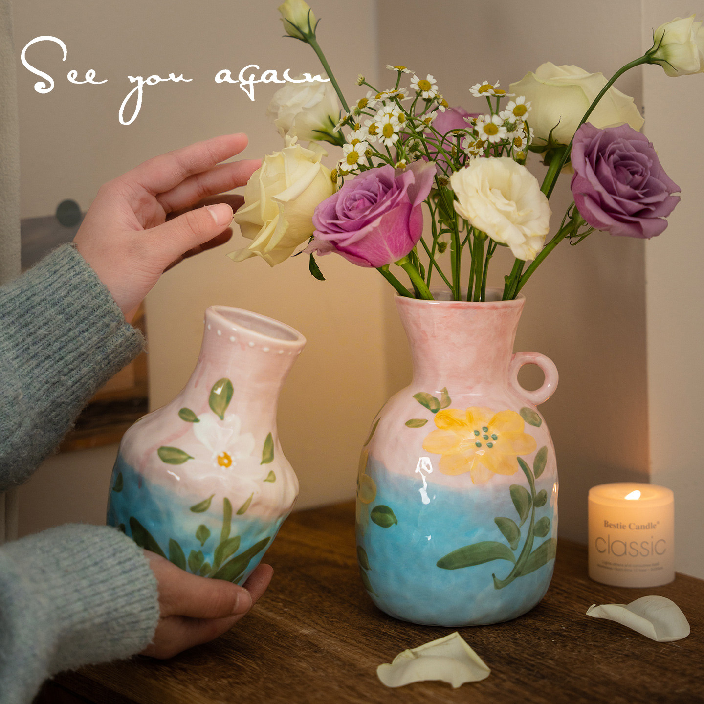 花瓶复古美式田园风陶瓷摆件高级感水培插花玫瑰鲜花客厅桌面装饰