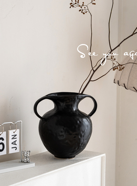 陶瓷花瓶复古高级感黑色双耳摆件客厅水养插花现代简约风桌面装饰