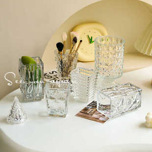 韩国ins透明玻璃直筒创意小众眉笔筒收纳桶化妆刷筒拍照道具摆件