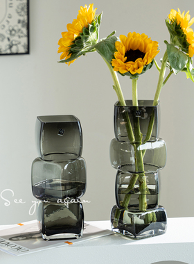 花瓶法式中古原创设计黑色方口玻璃高级感ins风客厅鲜花插花摆件