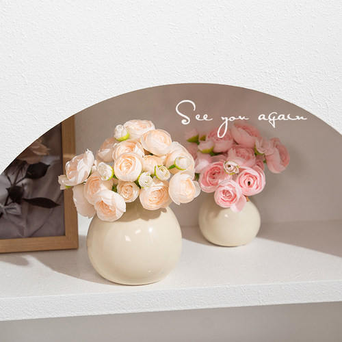 迷你陶瓷小花瓶高级感奶油风简约客厅仿真花插花水养鲜花创意摆件