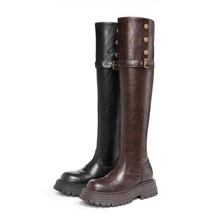 两穿翻折过膝长筒靴女胖mm2025新款 粗腿大筒围修饰腿型骑士靴 冬季