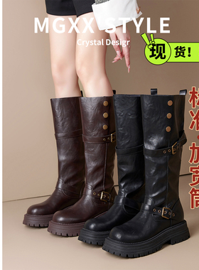 两穿复古英伦风不过膝长筒靴女2026新款胖mm大码显瘦骑士长靴加宽