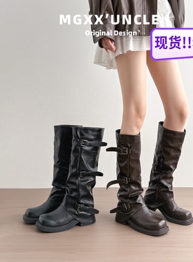 真皮版！美拉德长筒靴女复古英伦厚底胖mm褶皱堆堆裤管靴大筒围