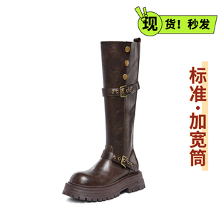 骑士靴女粗腿大筒围厚底增高长靴两穿复古大码 胖mm加宽中筒女靴子