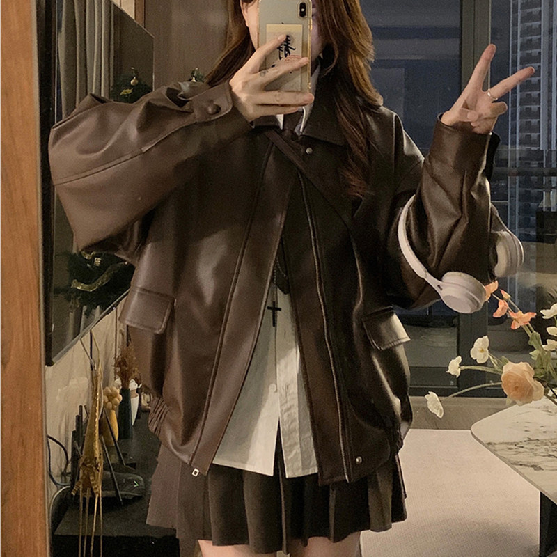 美拉德穿搭皮衣外套女春秋款宽松休闲港风小个子穿搭机车皮衣夹克