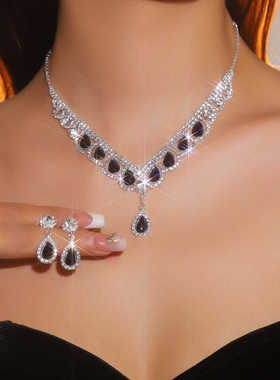 DINGKA复古满钻水滴形吊坠项链