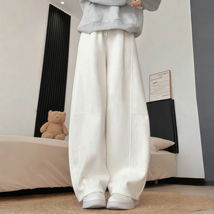 休闲长裤 宽松显瘦保暖小个子大码 女运动裤 白色加绒加厚弯刀阔腿裤