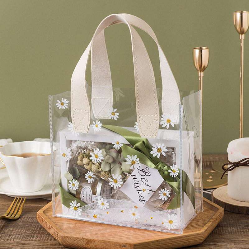 透明手提袋教师节伴娘手礼网红小雏菊图案购物袋塑料礼品pvc袋子_虎窝淘