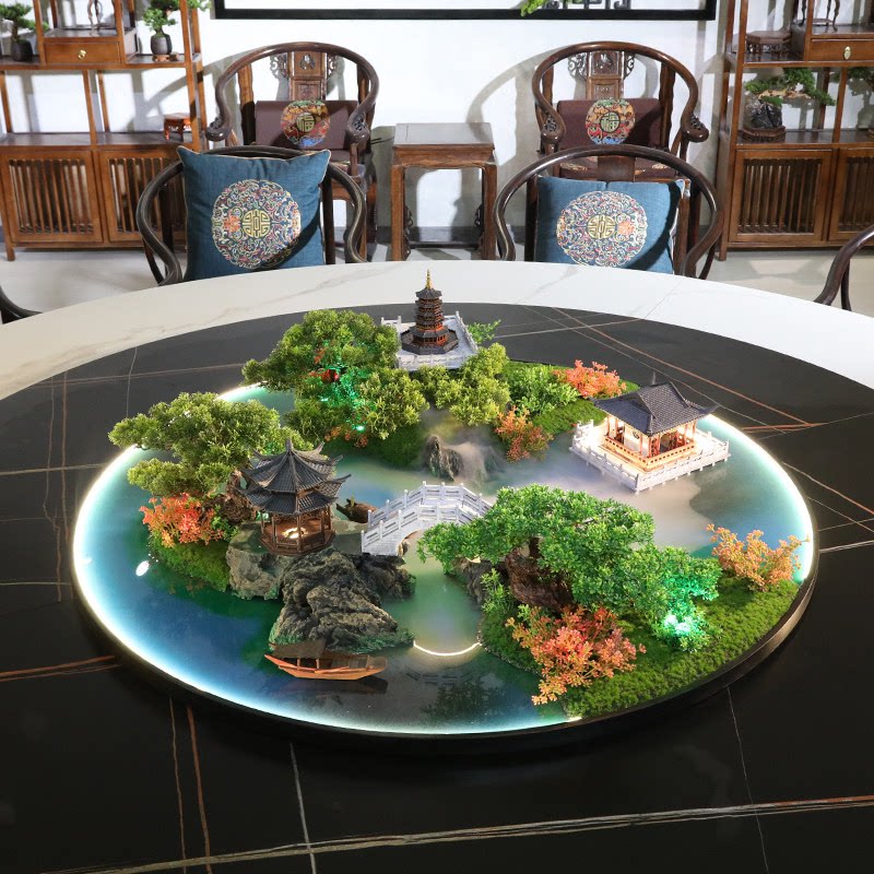 餐桌中间景观摆件灯光流水餐桌摆件喷雾景观摆件圆桌中间转盘摆花