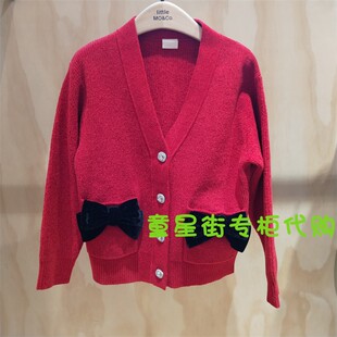 little moco专柜正品25年春女童红色蝴蝶结针织开衫KBE1CART03奥