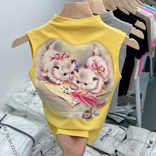 夏日多巴胺穿搭小背心女童外穿洋气新款 上衣 甜美短款 半高领无袖