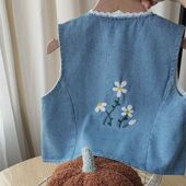 女童牛仔马甲花边背心开衫 浅蓝色宝宝花朵V领刺绣坎肩外套百搭潮
