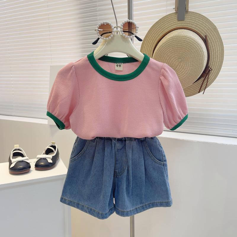 女童套装2025新款拼色短袖T恤女宝宝时髦洋气牛仔短裤夏季两件套