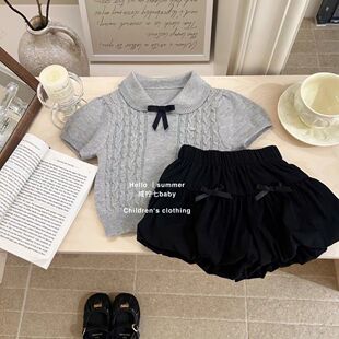 女童宝宝夏季套装2025夏装新款学院风洋气针织上衣花苞短裤两件套