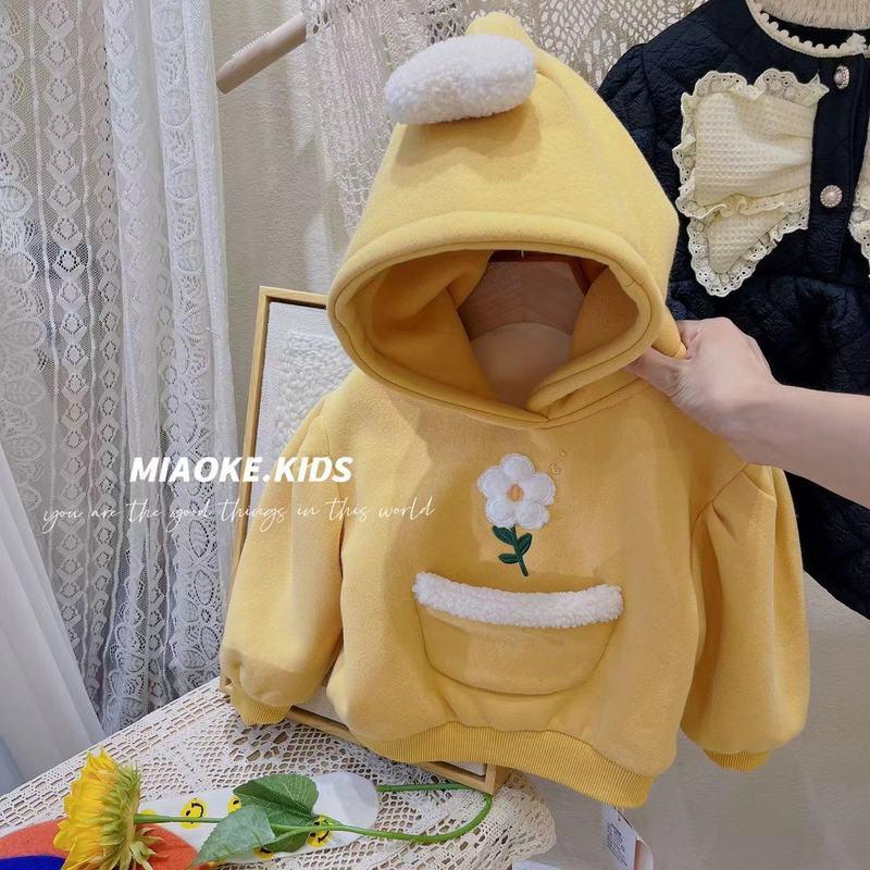 可爱女童秋冬款黄色加绒郁金香女宝宝保暖加厚连帽外套百搭卫衣