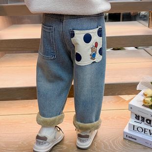 加厚休闲裤 女童加绒牛仔裤 子女宝宝冬季 儿童洋气一体绒老爹裤 冬装