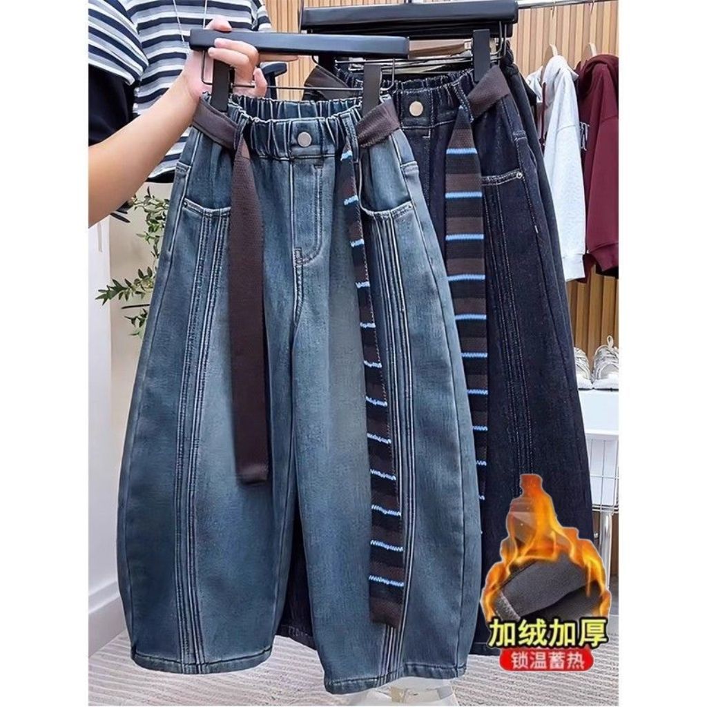 男童加绒保暖弯刀牛仔裤秋冬款