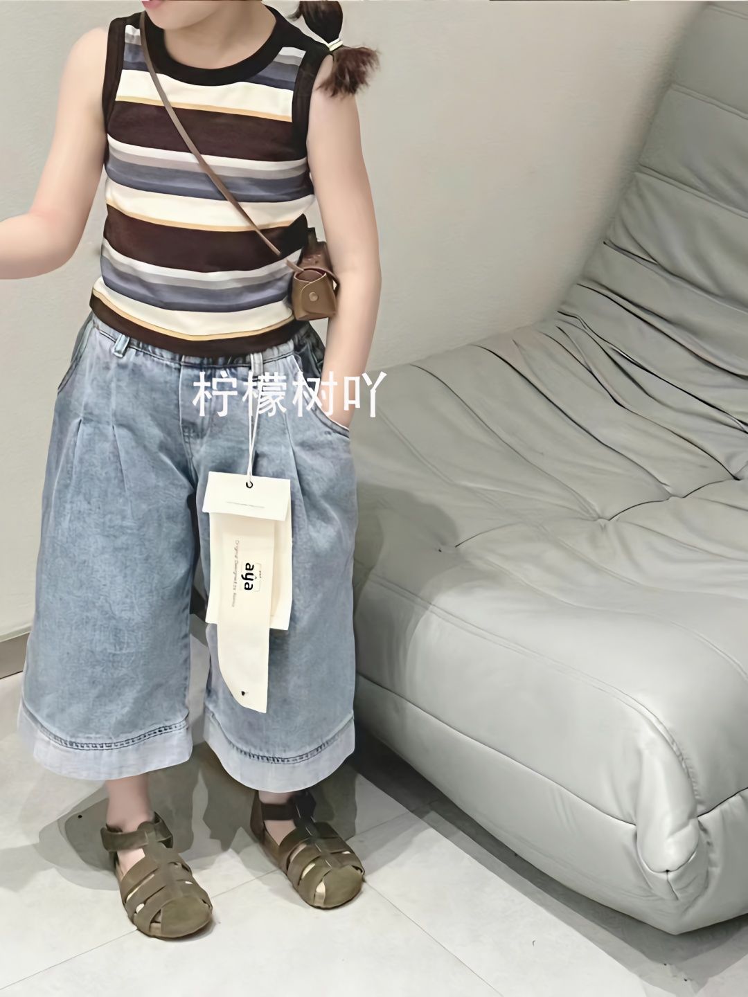 儿童套装韩版春夏季女童新款洋气休闲时髦条纹背心宽松阔腿牛仔裤