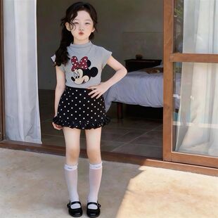 女童韩版米奇印花短袖T恤套装女童短袖上衣波点花边半身裙两件套