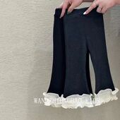 子 弹力黑色荷叶边拼接甜美可爱儿童裤 修身 松紧腰春秋女童打底裤