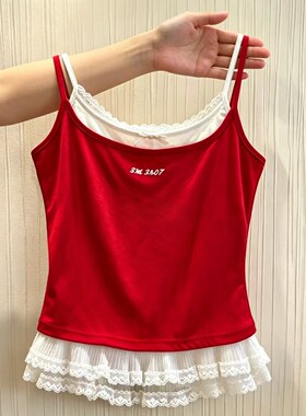 夏季女童冰丝蕾丝假两件吊带