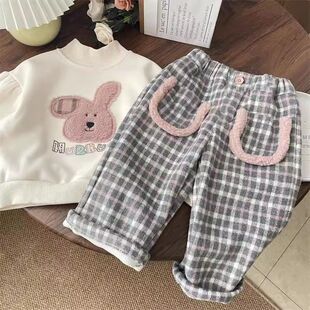 秋冬宝宝粉色格子一体绒哈伦裤女童加绒裤子儿童毛呢加厚小女孩女