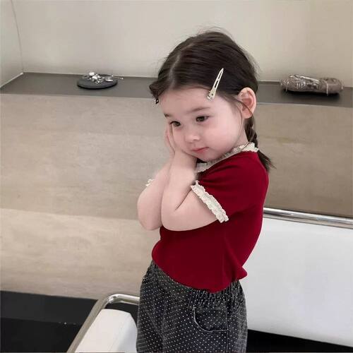 女童短袖T恤宽松花边圆领上衣