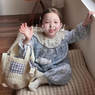 女童2026春夏韩版荷叶领家居服春款宝宝卡通全棉长袖长裤睡衣套装