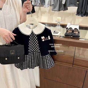 女童套装秋季2026新款女宝宝洋气针织开衫外套格子连衣裙两件套潮
