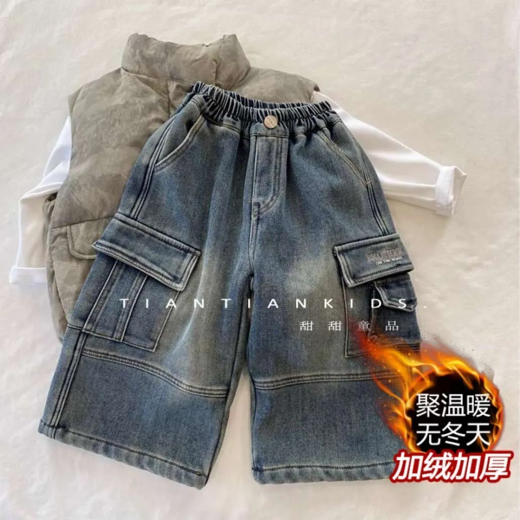 2025秋冬加绒软牛仔裤子新款韩版男童儿童宝宝长裤宽松工装阔腿裤,童装/婴儿装/亲子装,裤子,淘宝优惠券,粉丝福利购,淘宝优惠卷