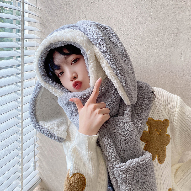 兔耳朵帽子围巾一体女冬天保暖毛绒手套甜L美可爱连帽百搭围脖三