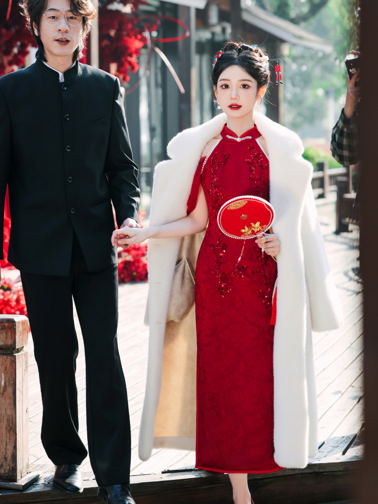 Red cheongsam, evening dress, summer skirt, Chinese style