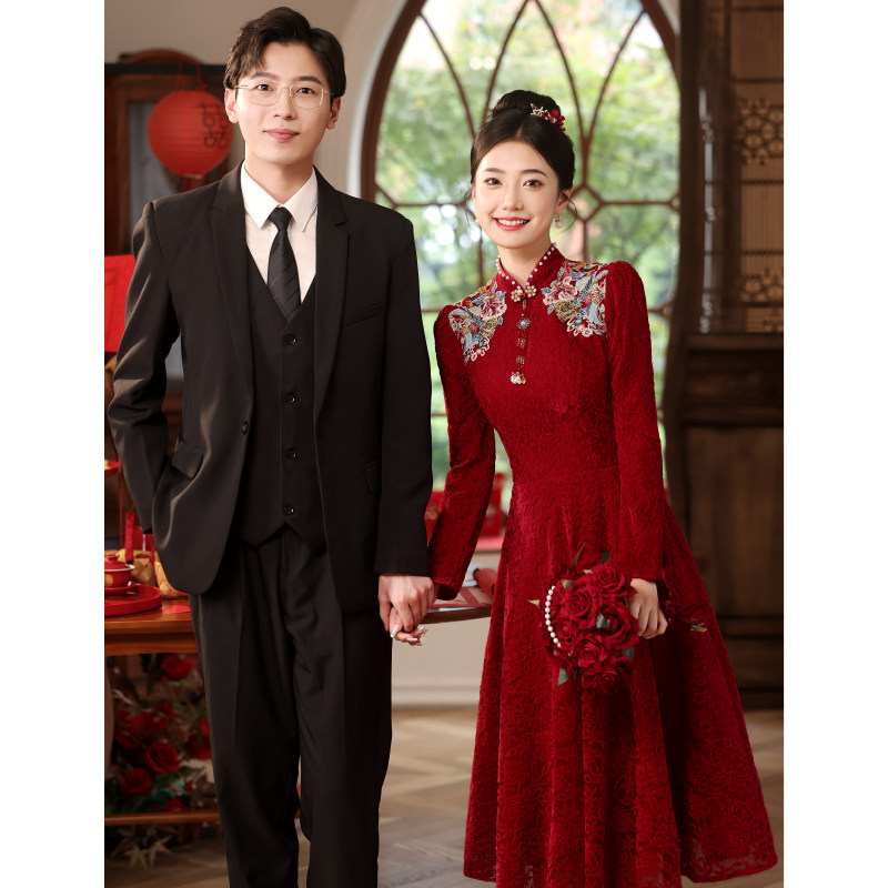 中式旗袍敬酒服2023新款新娘高级感冬季长袖订婚礼服回门服小个子