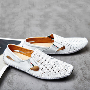 夏季男鞋休闲鞋镂空透气孔皮鞋低帮套脚懒人鞋平底驾车鞋大码手工